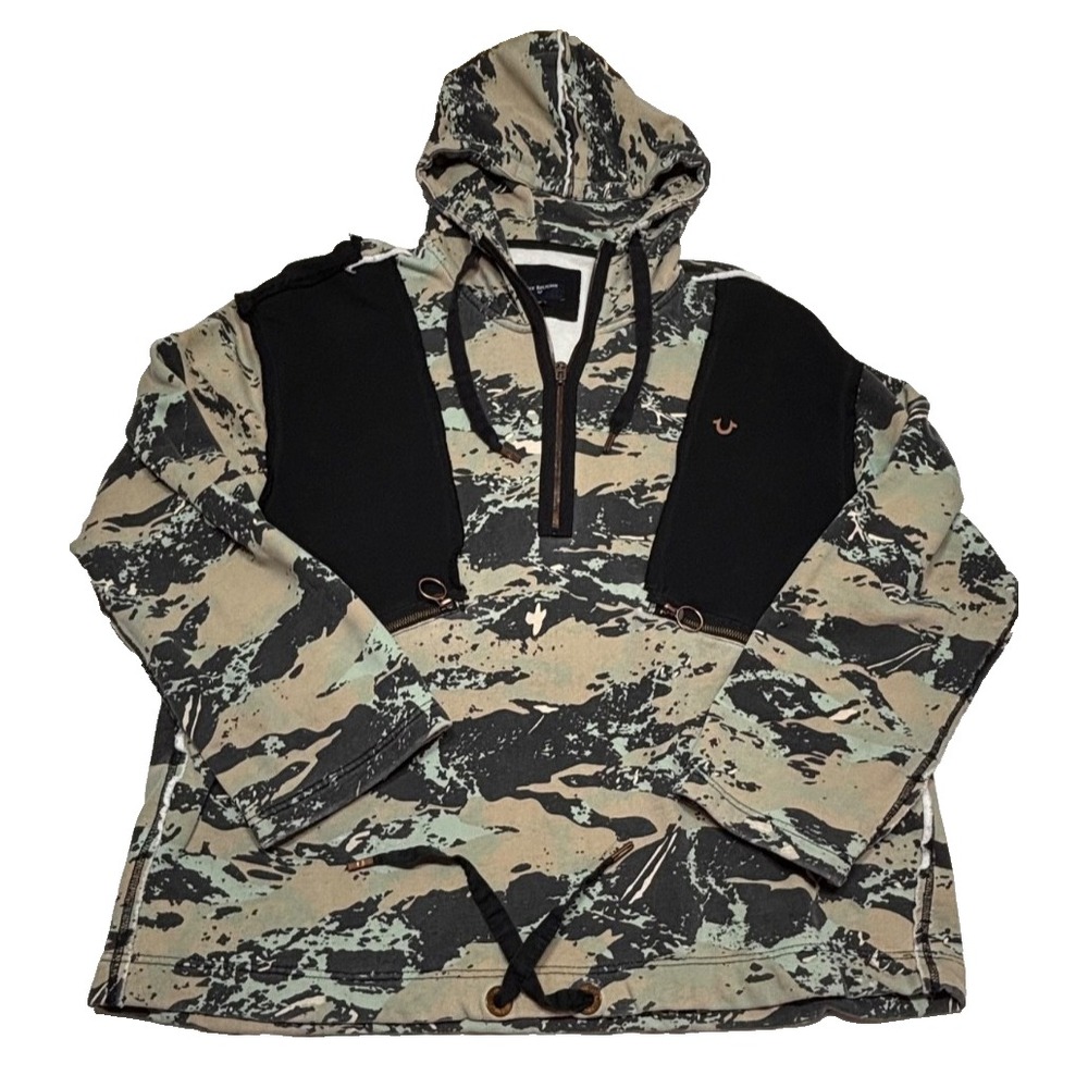 True Religion Mens Hoodie Size Large TR Geo Camo Anorak Jacket Coat Distressed